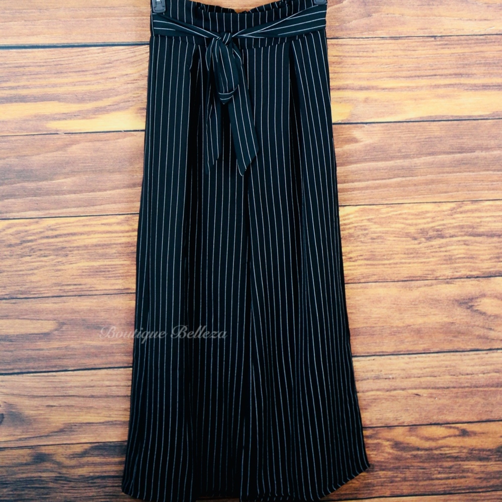 Striped Ruffle Waist Black Woven Pants